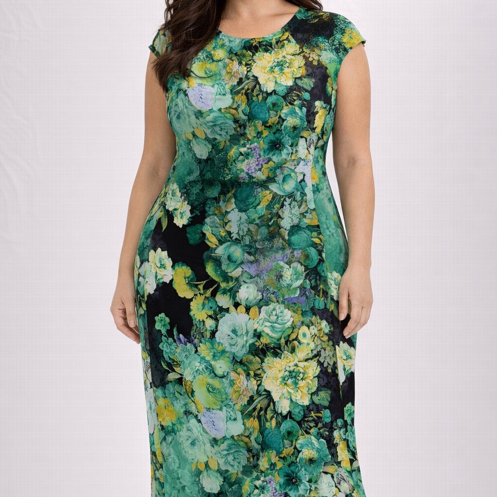 Beige by eci Womens Stretchy Pencil Dress Sz 8 Bodycon Green and Yellow Floral